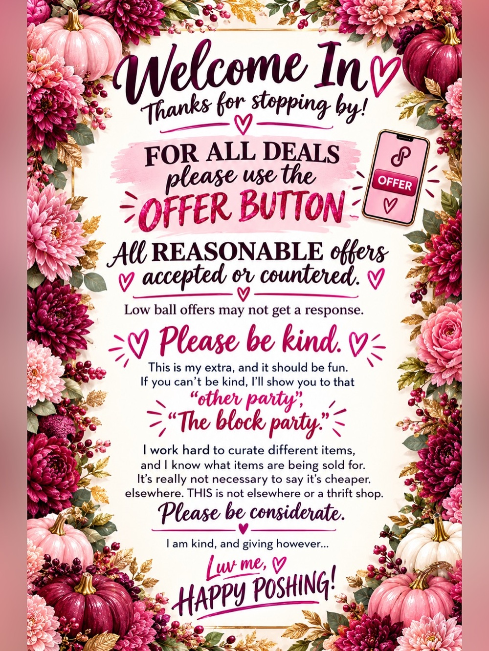 Welcome In Fall Floral Offer Button Sign - Pink